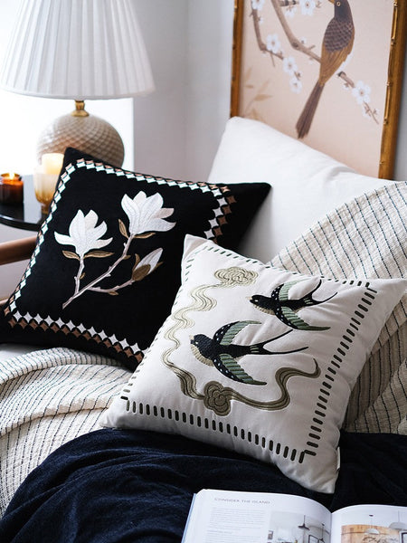 Luxury Decorative Pillows for Couch, Modern Throw Pillows for Couch, Vintage Decorative Pillows, Embroidered Swallow Birds Cushion, Decorative Pillow Arrangement Ideas for Bed-ArtWorkCrafts.com