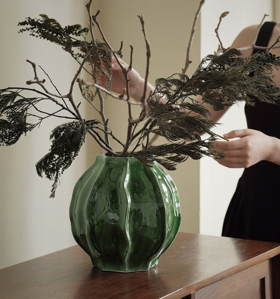 Large Contemporary Vases on Dining Table, Handmade Modern Flower Vase, Centerpiece Ceramic Bouquet Vases, Green Porcelain Vases for Modern Home Decor-ArtWorkCrafts.com