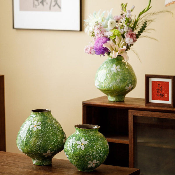 Centerpiece on Dining Table, Handmade Water Holding Flower Vases, Modern Pottery Flower Vases, Pottery Bud Vases, Large Green Flower Vases on Table-ArtWorkCrafts.com