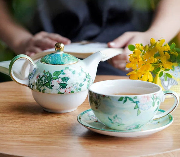 Ceramic Tea Pot with Integrated Cup, Mother-and-Baby Teapot with Matching Saucer, Vintage Style Stackable Tea Pot Set, English Style Tea Pot and Cup Set-ArtWorkCrafts.com