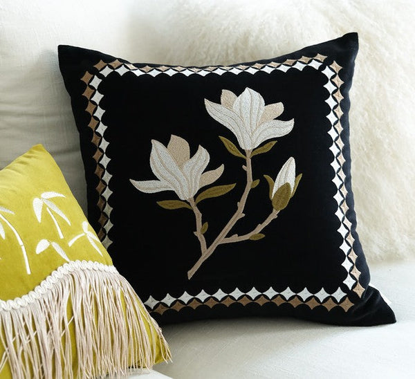 Magnolia Embroidered Cushion, Decorative Pillow Arrangement Ideas for Couch, Large Decorative Pillows for Couch, Modern Throw Pillows for Bedroom, Living Room Decorative Pillows-ArtWorkCrafts.com
