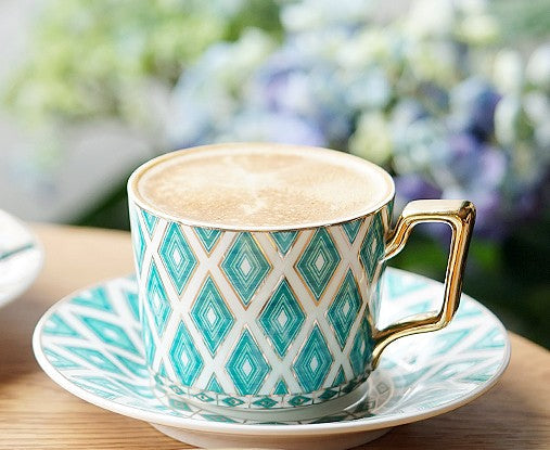Afternoon Green British Tea Cups, Unique Ceramic Coffee Cups, Creative Bone China Porcelain Tea Cup Set, Traditional English Tea Cups and Saucers-ArtWorkCrafts.com