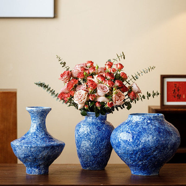 Modern Pottery Flower Vases, Handmade Water Holding Flower Vases, Centerpiece on Dining Table, Blue Pottery Bud Vases, Large Flower Vases on Table-ArtWorkCrafts.com