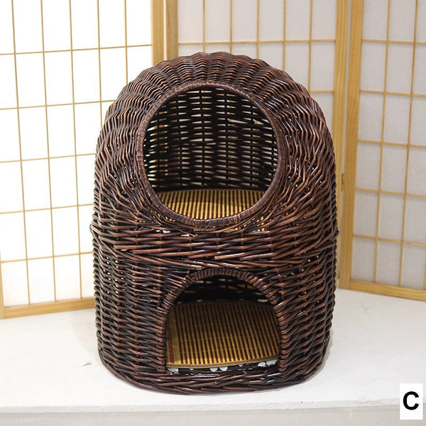 Large Double-Layer Cat Bed, Wicker Cat House Basket with Washable Cushion for Indoor Cats and Dogs-ArtWorkCrafts.com