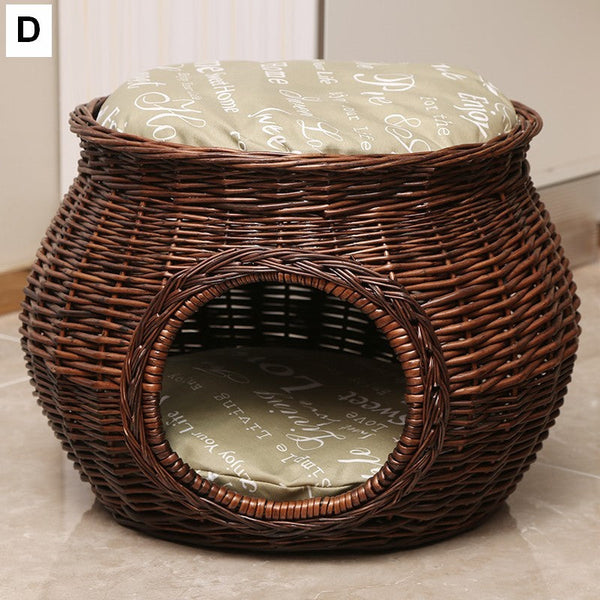Rattan Cat Bed, Wicker Cat House Basket with Washable Cushion for Indoor Cats and Dogs-ArtWorkCrafts.com
