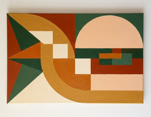Extra Large Modern Canvas Art, Yellow, Dark Green, Brown- Red, Warm Earth Tones Geometric Pattern Abstract Artwork, Abstract Wall Art Paintings