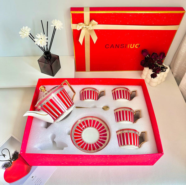 Modern Ceramic Coffee Cups, 7.4 oz Red Tea Cup and Saucer Set of 4 cups with Teapot in Gift Box, Porcelain Tea Cup and Saucer Set-ArtWorkCrafts.com