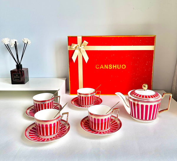 Modern Ceramic Coffee Cups, 7.4 oz Red Tea Cup and Saucer Set of 4 cups with Teapot in Gift Box, Porcelain Tea Cup and Saucer Set-ArtWorkCrafts.com