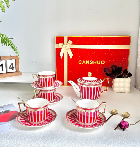 Modern Ceramic Coffee Cups, 7.4 oz Red Tea Cup and Saucer Set of 4 cups with Teapot in Gift Box, Porcelain Tea Cup and Saucer Set-ArtWorkCrafts.com