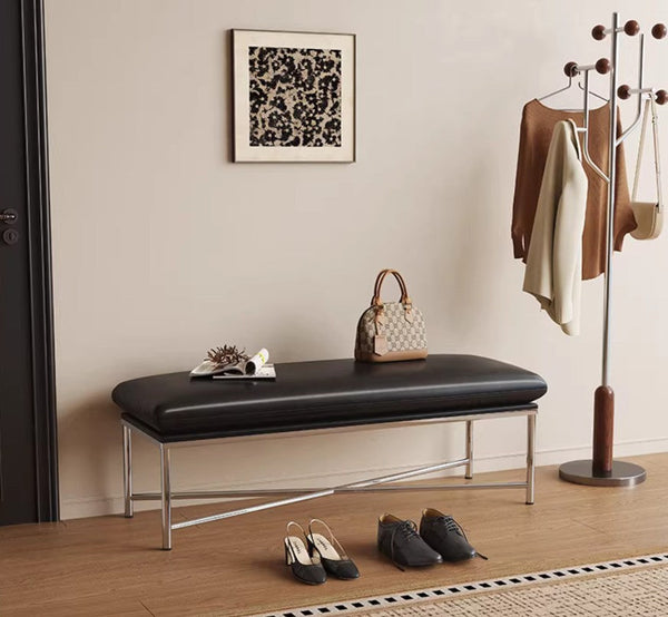 Modern Shoe Changing Ottoman, Upholstered Shoe Bench, Contemporay Bedroom Bench, Narrow Entryway Bench, Mid-Century Hall Bench, Luxury Genuine Leather Entry Bench-ArtWorkCrafts.com
