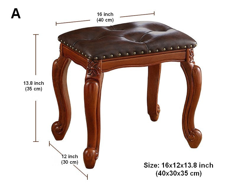 Rubberwood Entry Bench, Vanity Stool, Genuine Leather Solid Wood Entry Bench, Vintage Entry Stool, Solid Wood Ottoman-ArtWorkCrafts.com