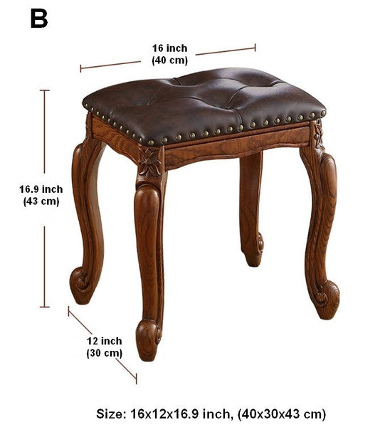 Rubberwood Entry Bench, Vanity Stool, Genuine Leather Solid Wood Entry Bench, Vintage Entry Stool, Solid Wood Ottoman-ArtWorkCrafts.com