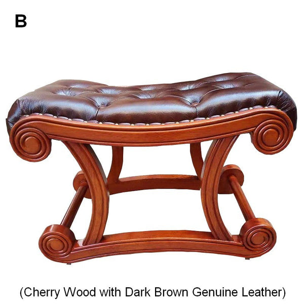 Vintage Leather Stool, Genuine Leather Solid Wood Entry Bench, Cherry Wood Footstool, Long Bench, Vanity Stool, Dressing Table Stool-ArtWorkCrafts.com