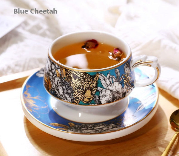 Handmade Ceramic Cups with Gold Trim and Gift Box, Jungle Tiger Cheetah Porcelain Coffee Cups, Creative Ceramic Tea Cup and Saucer-ArtWorkCrafts.com