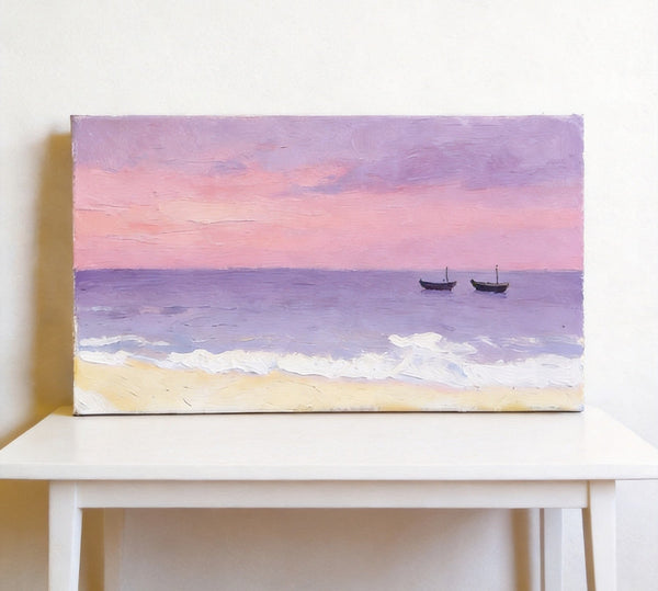 Original Seascape Paintings, Small Canvas Paintings, Sunset Paintings, Silence of the Twilight Sea, Hand Painted Canvas Wall Art-ArtWorkCrafts.com