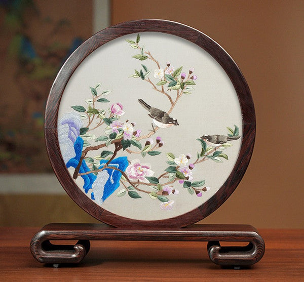 Premium Souvenir, Silk Embroidered Ornament, Exclusive Business Presents, Creative Birthday Gift, Traditional Chinese Suzhou Flower and Birds Embroidery Ornaments-ArtWorkCrafts.com