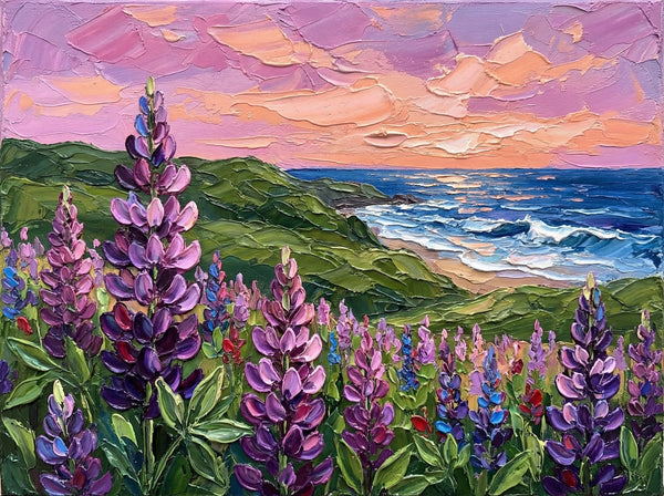 Simple Painting Ideas, Lupines in Bloom by the Sea, Landscape Canvas Paintings, Impasto Wall Art Paintings, Original Oil Paintings, Small Wall Art on Canvas-ArtWorkCrafts.com