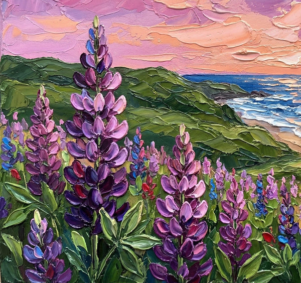 Simple Painting Ideas, Lupines in Bloom by the Sea, Landscape Canvas Paintings, Impasto Wall Art Paintings, Original Oil Paintings, Small Wall Art on Canvas-ArtWorkCrafts.com