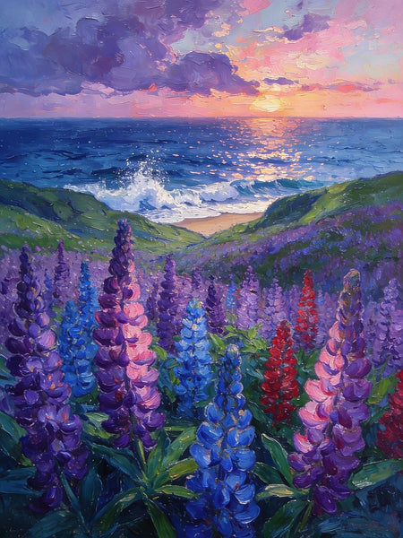 Lupines in Bloom by the Sea, Impasto Paintings, Original Small Paintings, Small Oil Paintings, Small Wall Paintings, Landscape Artwork Canvas Paintings-ArtWorkCrafts.com