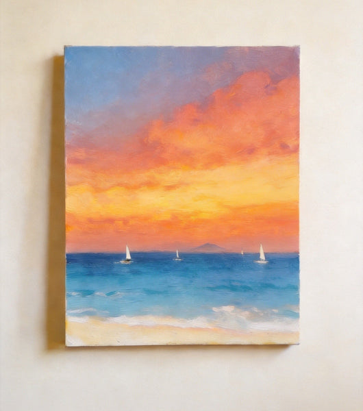 Hand Painted Canvas Artwork, Original Oil Paintings, Sunset Sail on the Horizon, Original Seascape Paintings, Buy Small Paintings Online-ArtWorkCrafts.com