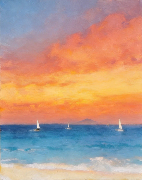 Hand Painted Canvas Artwork, Original Oil Paintings, Sunset Sail on the Horizon, Original Seascape Paintings, Buy Small Paintings Online-ArtWorkCrafts.com