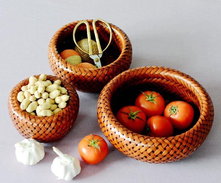 Farmhouse Small Storage Basket, Woven Snacks Basket, Bamboo Storage Basket, Round Storage Basket for Kitchen, Set of 3-ArtWorkCrafts.com