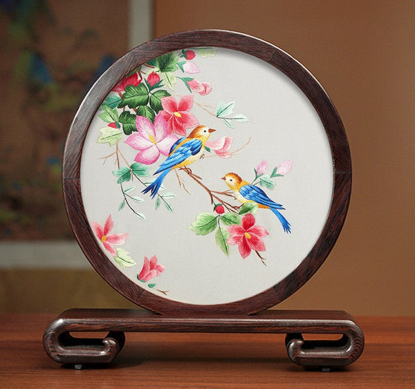 Silk Embroidered Ornament, Traditional Chinese Suzhou Flower and Birds Embroidery Ornaments, Exclusive Business Presents, Creative Birthday Gift, Premium Souvenir-ArtWorkCrafts.com