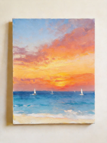 Original Oil Paintings, Sunset Sail on the Horizon, Original Seascape Paintings, Hand Painted Canvas Artwork, Buy Small Paintings Online-ArtWorkCrafts.com