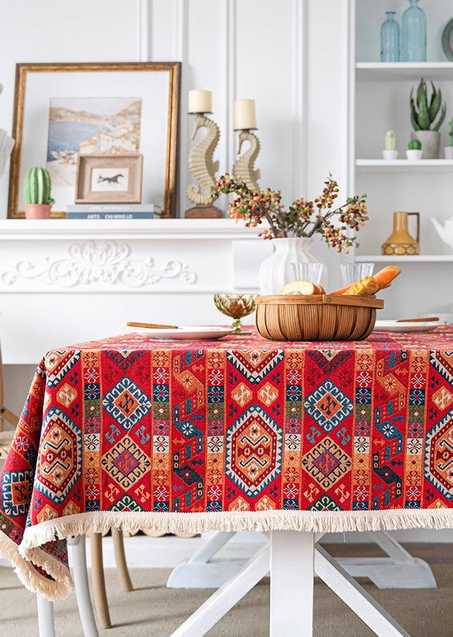 Bohemian Tassel Fringe Rectangular Tablecloth, Ethnic Mandala Print Coffee Table Cover, Vintage Home Decor, Soft Cotton Blend