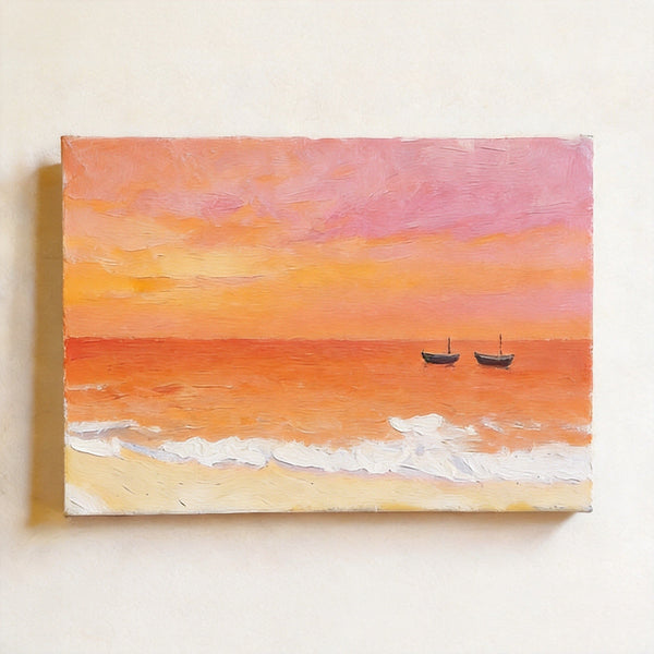 Original Oil Paintings, Silence of the Orange Twilight, Original Seascape Painting, Hand Painted Canvas Artwork, Buy Small Paintings Online, Original Canvas Art-ArtWorkCrafts.com