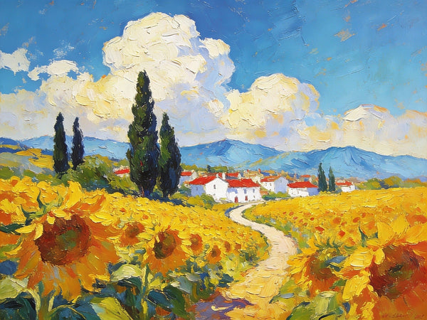 Small Wall Paintings, A Provençal Village Amidst Sunflower Fields, Small Oil Paintings on Canvas, Hand Painted Canvas Art, Heavy Texture Oil Paintings, Original Artwork Small Paintings-ArtWorkCrafts.com