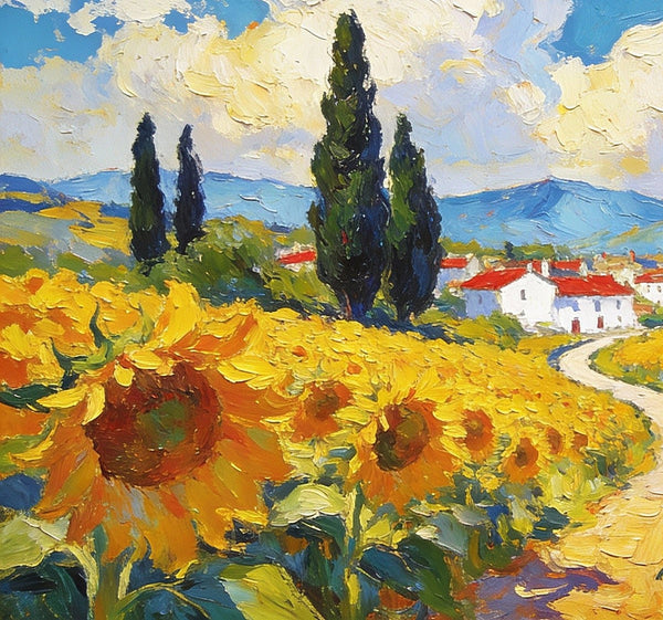 Small Wall Paintings, A Provençal Village Amidst Sunflower Fields, Small Oil Paintings on Canvas, Hand Painted Canvas Art, Heavy Texture Oil Paintings, Original Artwork Small Paintings-ArtWorkCrafts.com
