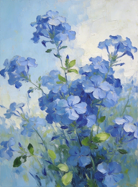 Small Canvas Wall Art Paintings, Blue Plumbago in Full Flower, Original Flower Paintings, Original Oil Paintings, Hand Painted Canvas Art-ArtWorkCrafts.com