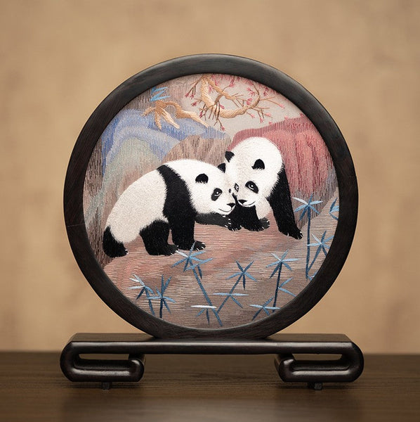 Unique Birthday Gift, Exclusive Business Present Panda Embroidered Decor, Traditional Chinese Suzhou Embroidery Ornament, Premium Souvenir-ArtWorkCrafts.com