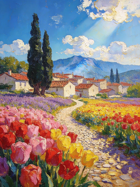 On Canvas Small Paintings, The Countryside Adorned with Blooming Tulips, Hand Painted Canvas Art, Original Artwork Small Paintings on Wall, Landscape Oil Paintings-ArtWorkCrafts.com