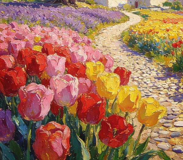 On Canvas Small Paintings, The Countryside Adorned with Blooming Tulips, Hand Painted Canvas Art, Original Artwork Small Paintings on Wall, Landscape Oil Paintings-ArtWorkCrafts.com