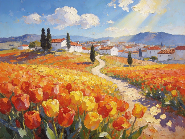 Original Oil Paintings, Village Amidst the Tulip Fields, Small Oil Paintings on Canvas, Small Canvas Paintings, Hand Painted Canvas Art, Simple Painting Ideas, Small Landscape Paintings-ArtWorkCrafts.com