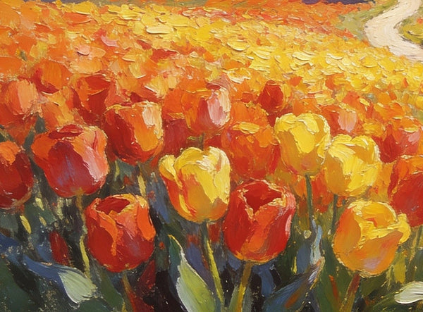 Original Oil Paintings, Village Amidst the Tulip Fields, Small Oil Paintings on Canvas, Small Canvas Paintings, Hand Painted Canvas Art, Simple Painting Ideas, Small Landscape Paintings-ArtWorkCrafts.com