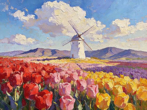 Windmills Amidst the Blooming Tulip Fields, Small Landscape Paintings, Small Oil Paintings on Canvas, Small Canvas Paintings, Original Oil Paintings, Hand Painted Canvas Art, Simple Painting Ideas-ArtWorkCrafts.com