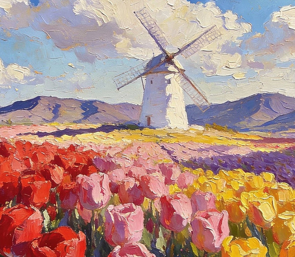 Windmills Amidst the Blooming Tulip Fields, Small Landscape Paintings, Small Oil Paintings on Canvas, Small Canvas Paintings, Original Oil Paintings, Hand Painted Canvas Art, Simple Painting Ideas-ArtWorkCrafts.com