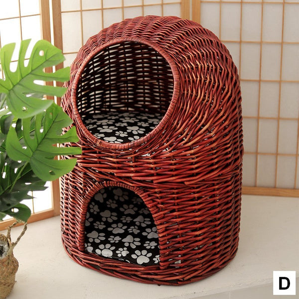 Large Double-Layer Cat Bed, Wicker Cat House Basket with Washable Cushion for Indoor Cats and Dogs-ArtWorkCrafts.com