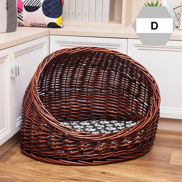 Natural Wicker Cat House Basket with Washable Cushion for Indoor Cats and Dogs, Hand woven Rattan Cat Bed-ArtWorkCrafts.com