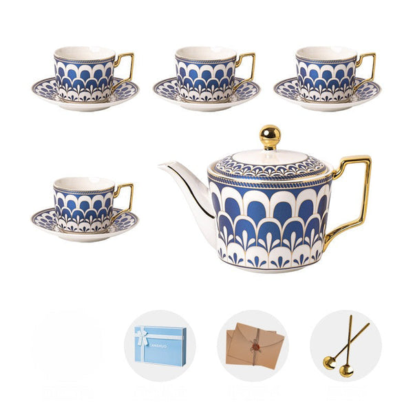 Tea Cup and Saucer Set of 4 cups with Teapot in Gift Box, 7.4 oz Modern Ceramic Coffee Cups for Office, Blue Porcelain Tea Cup and Saucer Set-ArtWorkCrafts.com