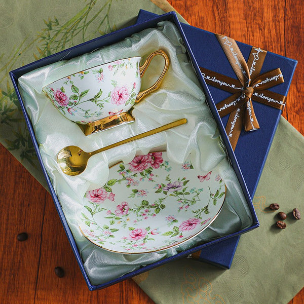 Elegant British Ceramic Coffee Cup with Saucer Set of 2 Cups, Floral British Tea Cup and Saucer in Gift Box, Porcelain Tea Cup and Saucer Set-ArtWorkCrafts.com