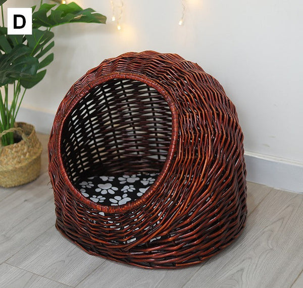 Natural Wicker Cat House Basket with Washable Cushion for Indoor Cats and Dogs, Rattan Cat Bed-ArtWorkCrafts.com