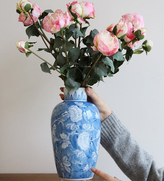 Large Flower Vases on Dining Table, Blue Porcelain Flower Vases, Centerpiece Ceramic Bouquet Vases, Handmade Modern Flower Vase-ArtWorkCrafts.com