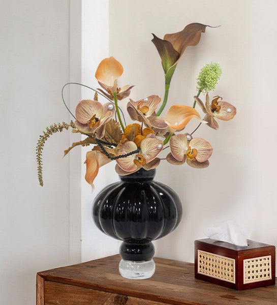 Unique Contemporary Vases for Modern Home Decor, Black Glass Bud Vases, Handmade Liuli Vases, Centerpiece Vases on Table, Black Glaze Vase-ArtWorkCrafts.com