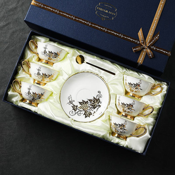 Golden Leaves and Grapes Bone China Porcelain Tea Cup Set, Unique British Tea Cup and Saucer in Gift Box, Elegant British Ceramic Coffee Cups-ArtWorkCrafts.com