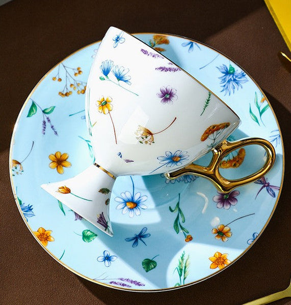 Elegant British Ceramic Coffee Cup with Saucer, 6.8 oz Tea Cup and Saucer Set in Gift Box, Floral Porcelain Tea Cup and Saucer Set, Flower Ceramic Tea Cup and Saucer-ArtWorkCrafts.com