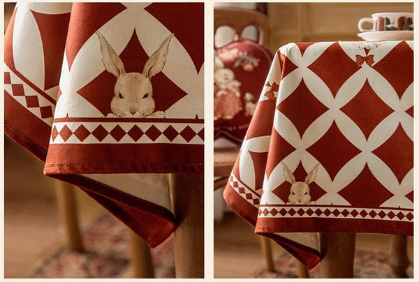 Holiday Red Tablecloth for Dining Table, Rabbit Pattern Table Cover for Dining Room Table, Modern Rectangle Tablecloth for Oval Table-ArtWorkCrafts.com